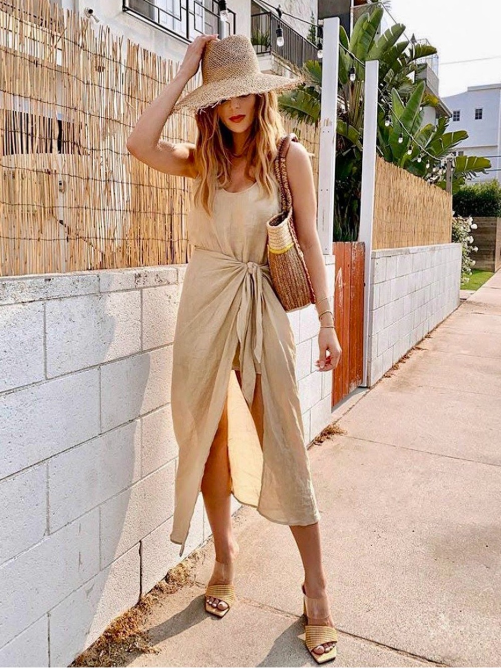 ANEMOS D.K. Midi Ramie Wrap Dress in Sheer Tan